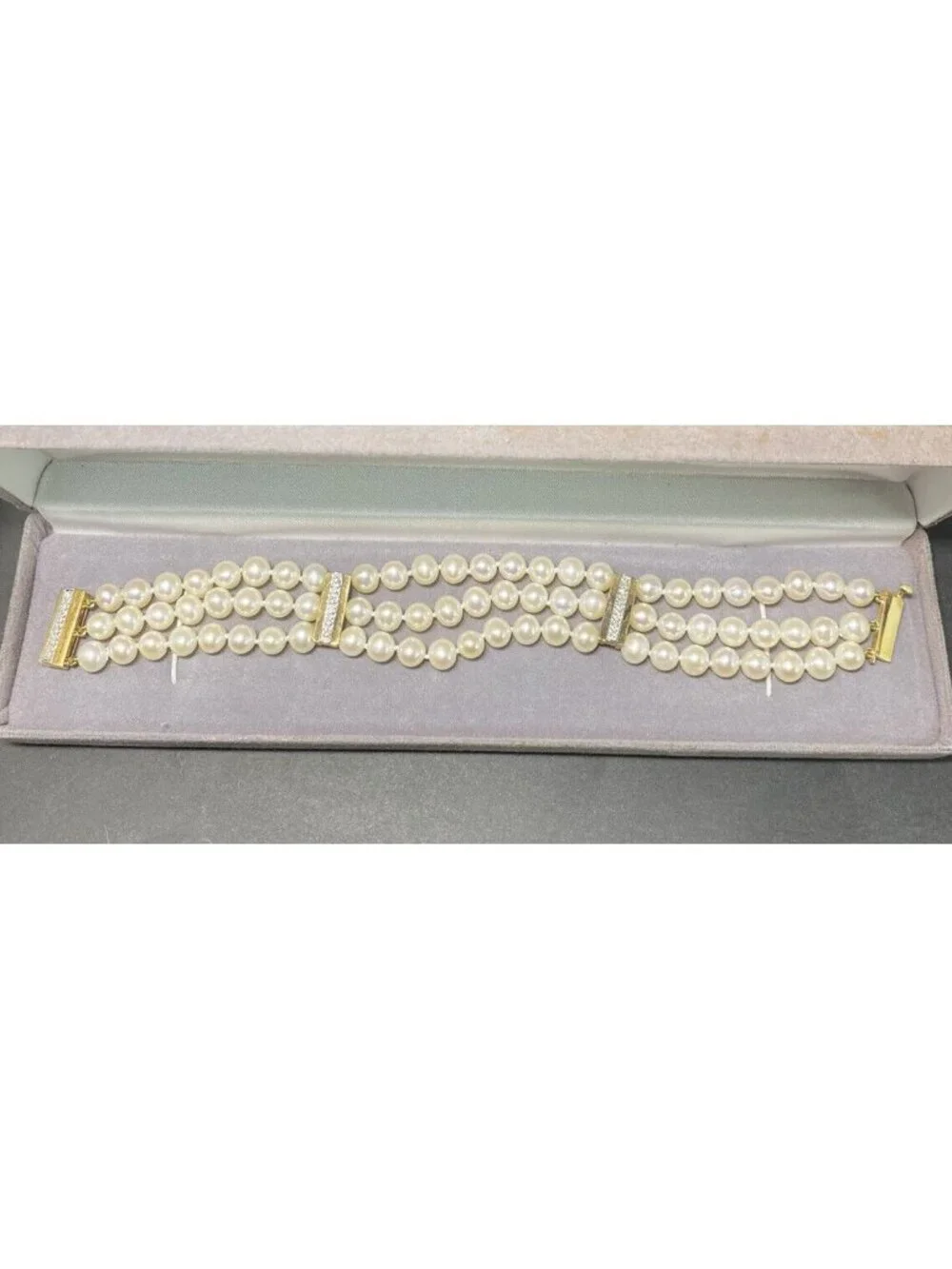 14k Gold Pearl And Diamond Spacer Bracelet 3 Rows Knotted 7.5 inches 18 Diamonds